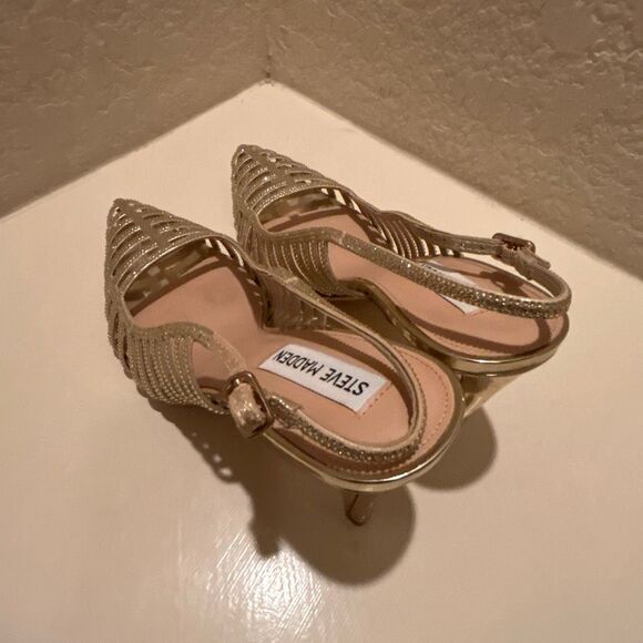 Steve Madden Size 10 Carleigh Strappy Rhinestone Embellished Pump Heel Gold - Picture 4 of 8